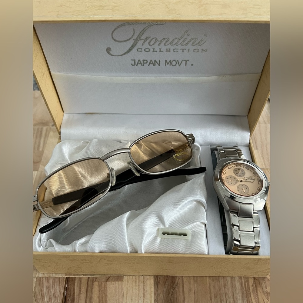 Fondini Men’s Watch Sunglasses Set Stainless Bracelet Peachy Gold Dial